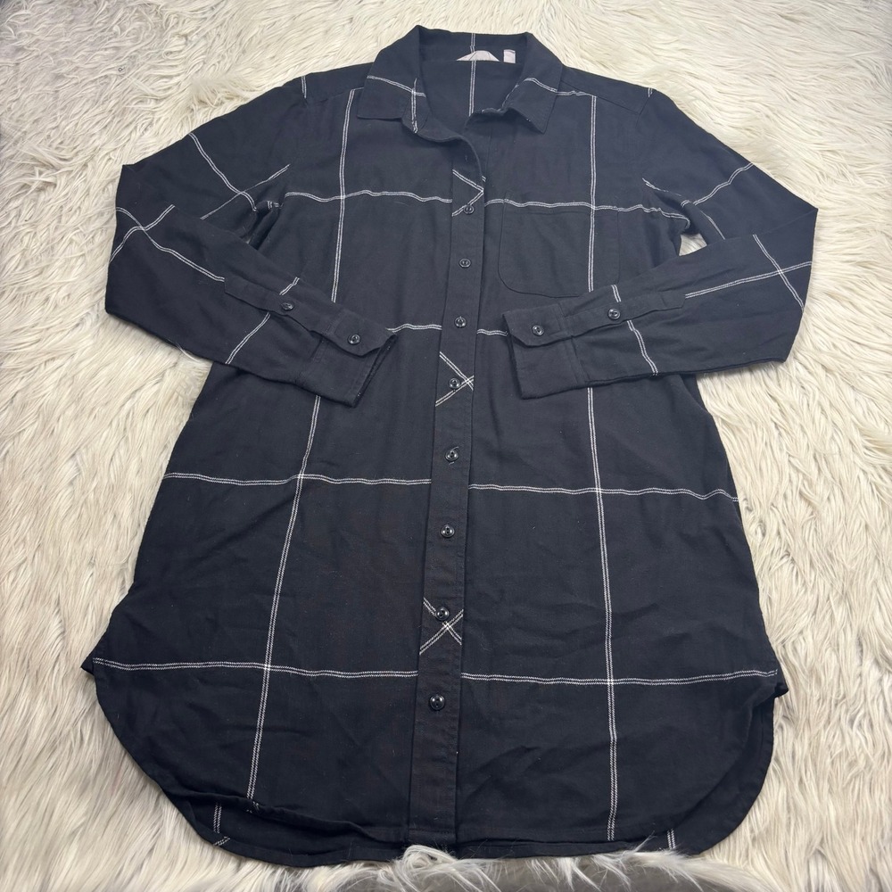 Athleta Women's S Black Plaid Trail to‎ Town Button Front Flannel Tunic Dress